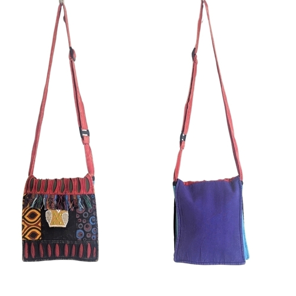 Boho Patchwork Owl Mixed Media Crossbody Bag Multicolored Made in Nepal - Picture 1 of 13